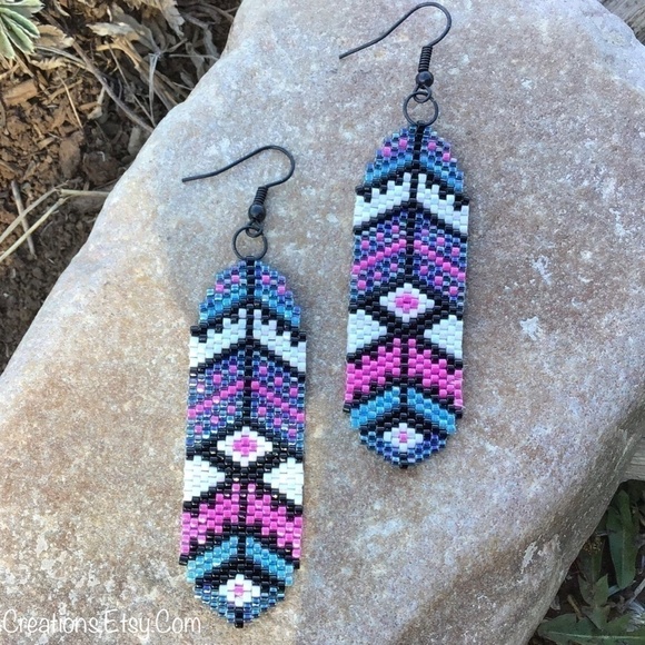 Southwest Feathers Beaded Earrings, New, Handmade by Me - Picture 7 of 10